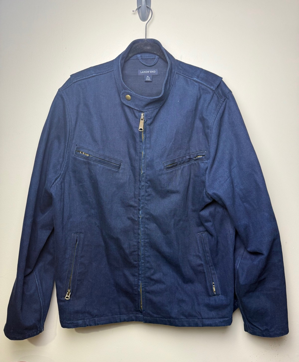 Lands' End Men's XL Cotton Canvas Moto Jacket Navy Military Utility Full Zip